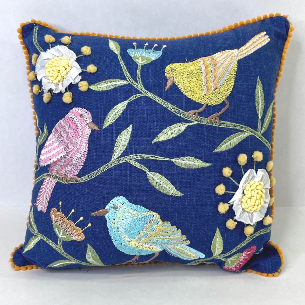 Primrose Vintage Embroidered Bird Floral Throw Pillow Navy Blue Pom Pom 12x12